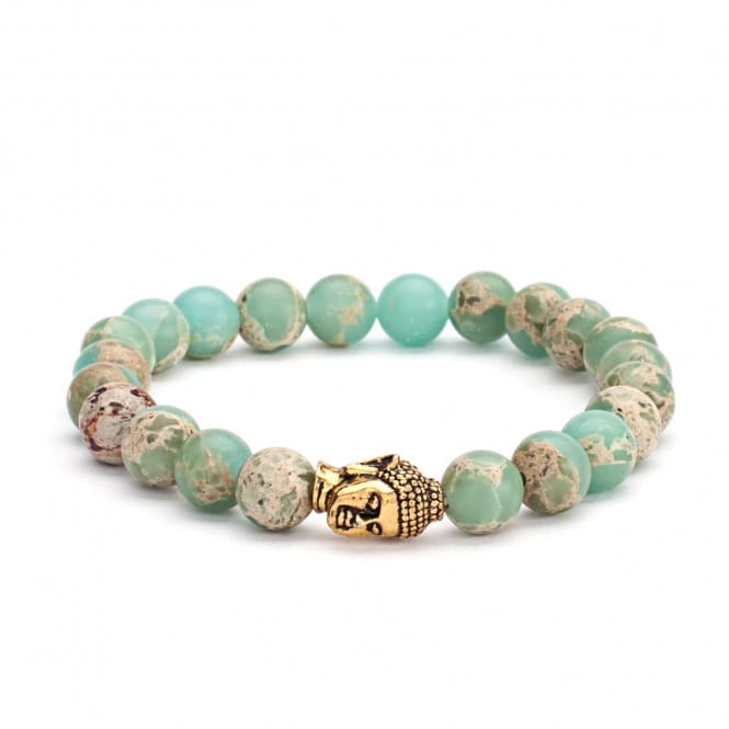 Bracciale elasticizzto in serpentina verde con testa di Buddha dorato