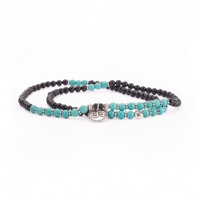 Bracciale collana elasticizzato in agata nera e turchese con charm simbolo 'OM'