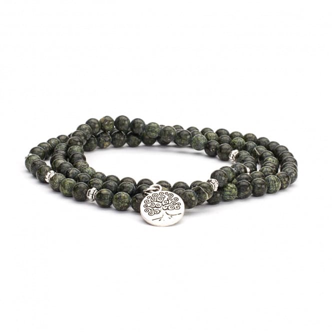 Mala-bracciale di serpentina verde con ciondolo albero della vita, elasticizzato