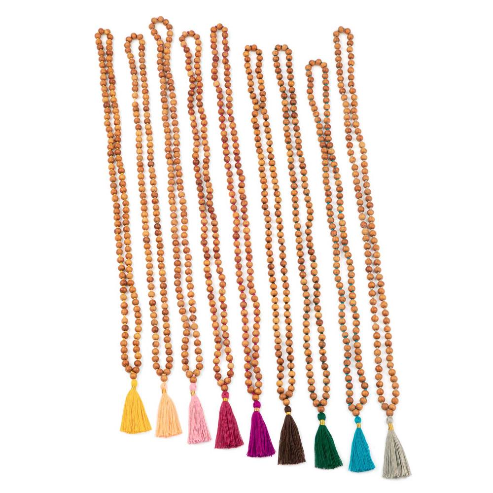 Mala in grani di legno di sandalo, profumato, nappine in coloratissime varietà