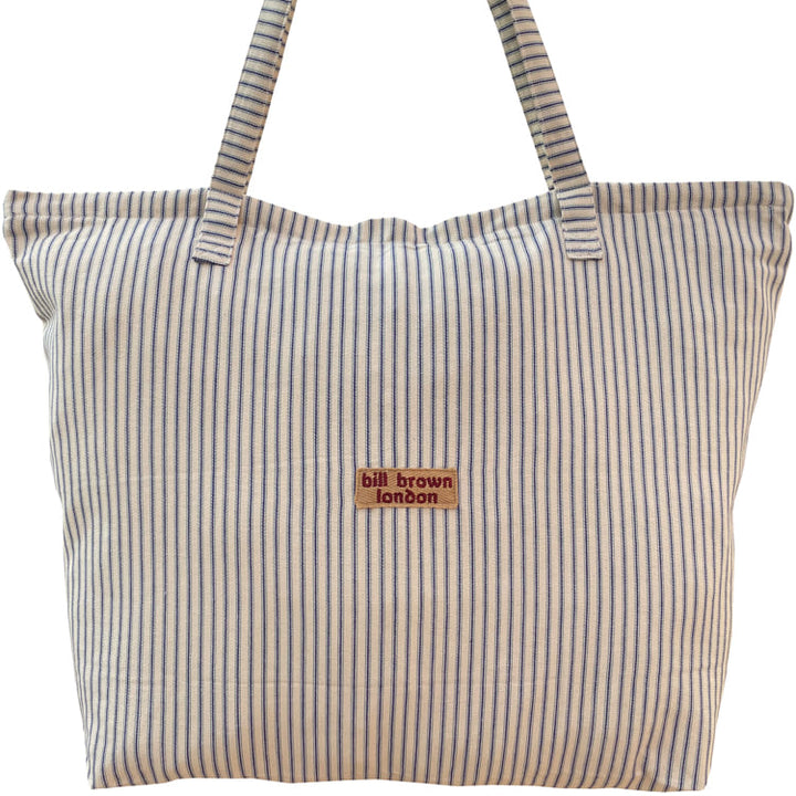 Borsa XL Sophie righine verticali bianche e blu sottili a spalla