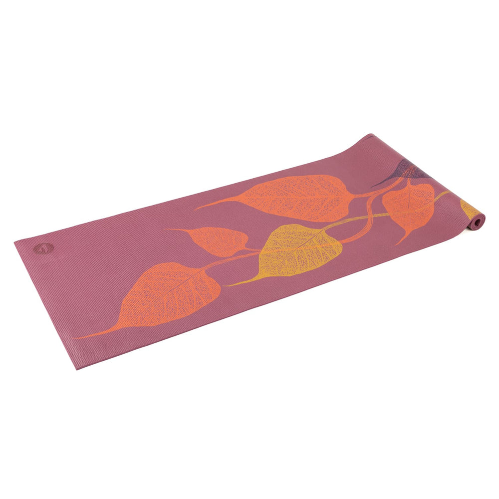 tappetino yoga color prugna con foglie albero bodhi aranco e giallo e blu