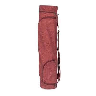 Borsa cilindrica per portare tappetino a spalla con tasche, color rosso scuro stampa mandala in piedi