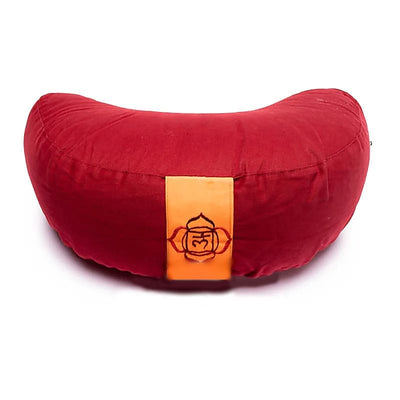 Cuscino yoga e meditazione a mezzaluna color rosso e manico giallo