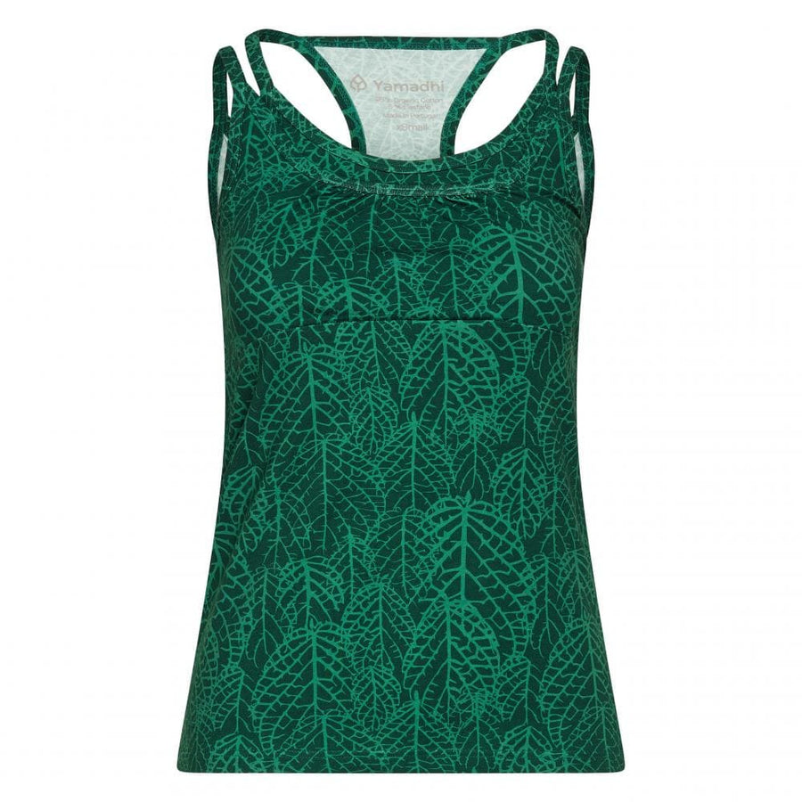 top spalline incrociate verde con stampate foglie