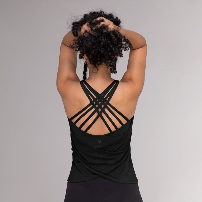 Top Yoga nero con spalline vari incroci dietro su schiena