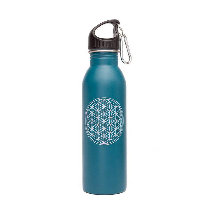 Borraccia in acciaio inox con tappo sport e moschettone, blu con fiore vita