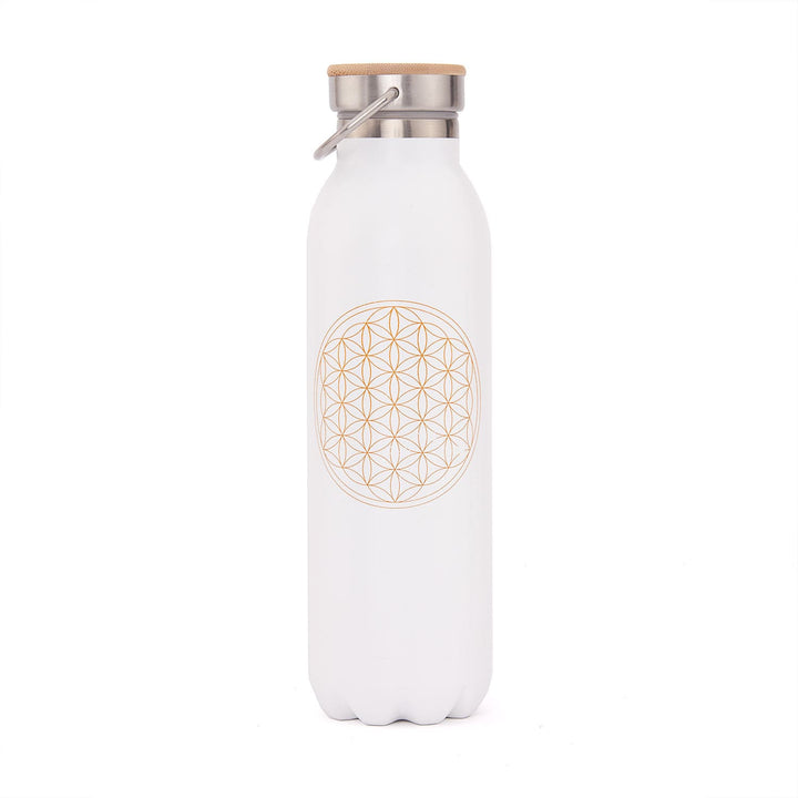 Termos 600ml in acciaio inox per Yoga-meditazione-pilates con disegno fiore della vita bianco