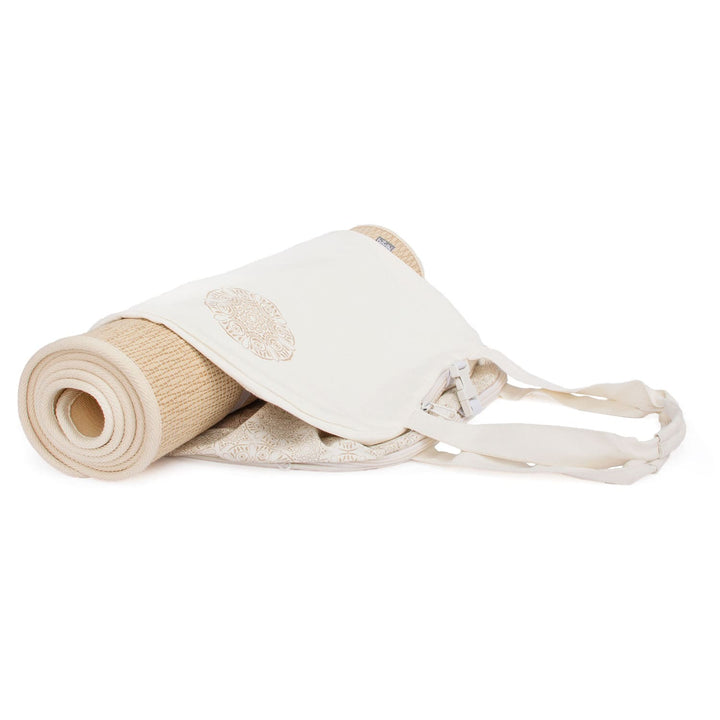 Borsa a spalla per trasporto tappetino yoga  disegno Madurai color ecru, con tappetino