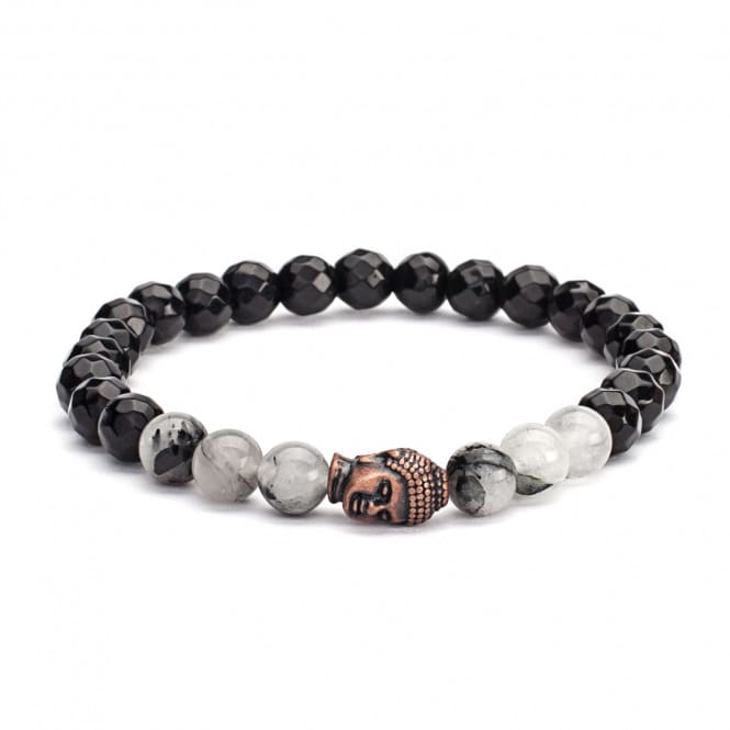 Bracciale in agata e quarzo rutilato, con testa di buddha bronzata, elegante e perline sfaccettate