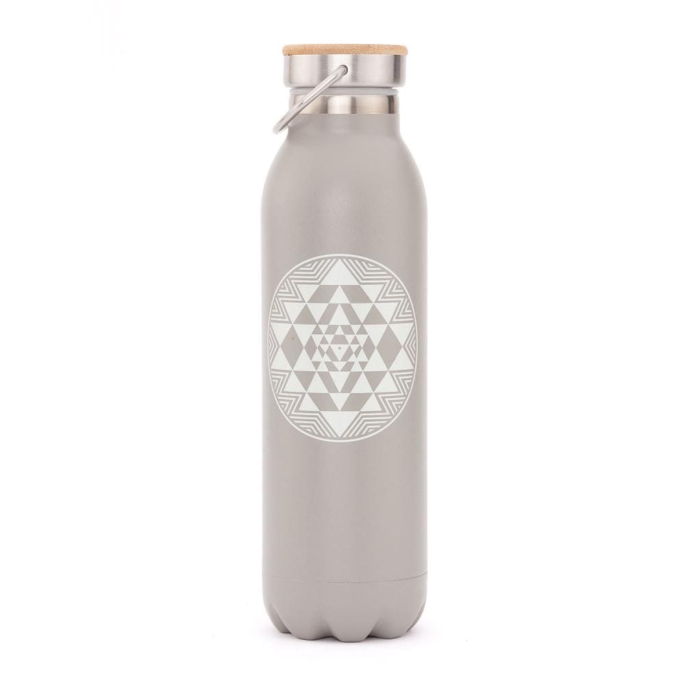 Termos 600ml in acciaio inox per Yoga-meditazione-pilates con disegnio yantra bianco su sfondo grigio 