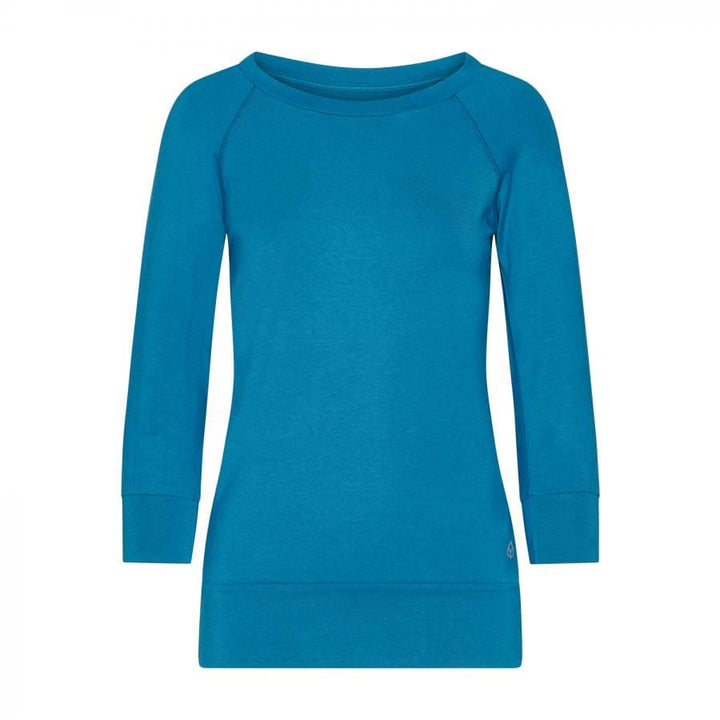 Maglia Easywear per yoga con maniche a 3/4, azzurra, con polsini e fascia sui fianchi 