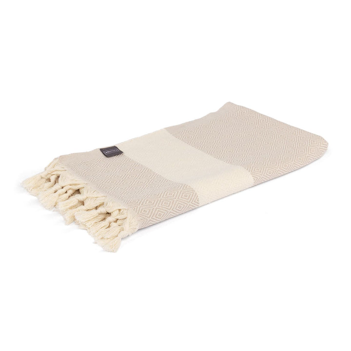 copertina in cotone nocciola/ecru con frange ecru