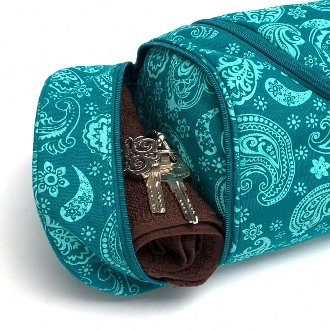 Porta tappetino yoga cotone, disegno paisley su sfondo verde petrolio con tasca ad estremità
