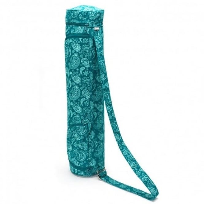 Porta tappetino yoga cotone, disegno paisley su sfondo verde petrolio con tracolla e tasche