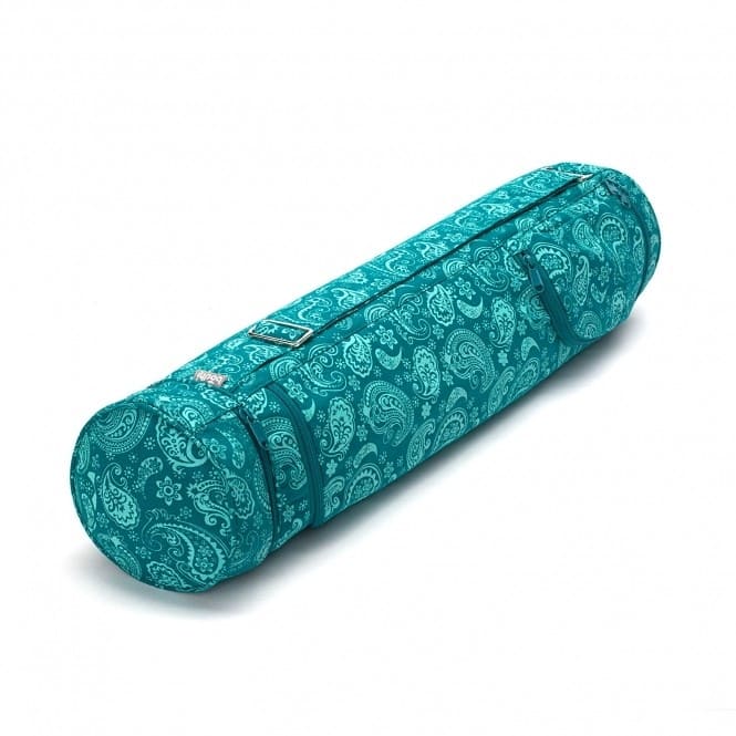 Porta tappetino yoga cotone, disegno paisley su sfondo verde petrolio con tracolla e tasche, riempita