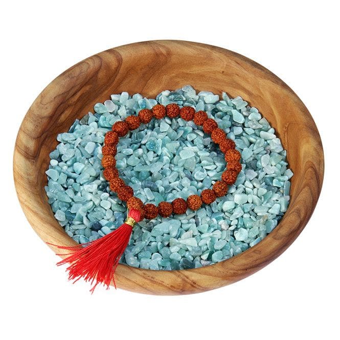 BRACCIALE di mala in SEMI di RUDRAKSHA con nappina rossa, elasticizzato