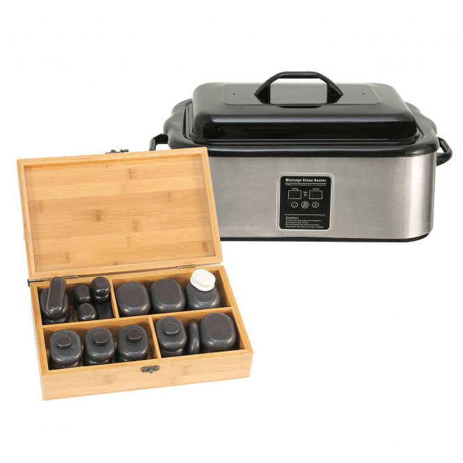 scaldapietre 18lt. e 40 hot stones riposte in scatola di legno con scomparti