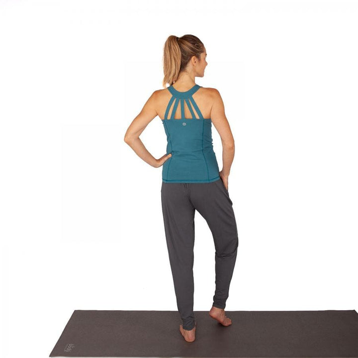 pantalone yoga 'loose fit' comodo, con tasche, stretto in fondo ma comodo sui fianchi in morbida viscosa adatto anche per tempo libero, grigio, back