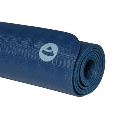 Tappetino yoga, 4mm caucciù blu, dettaglio superficie e logo bodhi