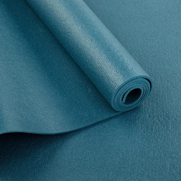 Tappetini yoga rishikesh spessore mm4,5 antiscivolo hatha yoga, vinyasa, e altri stili. Ottim materassino yoga per scuole, blu petrolio arrotolato