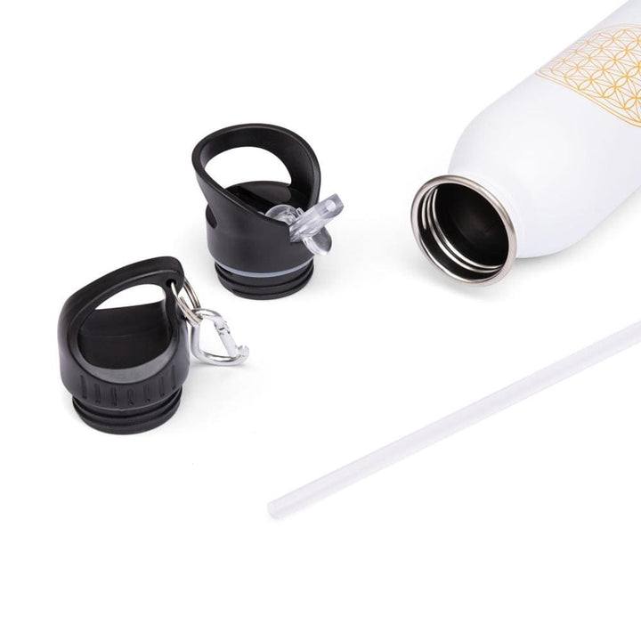 Borraccia in acciaio inox con tappo sport e moschettone, i due diversi tappi