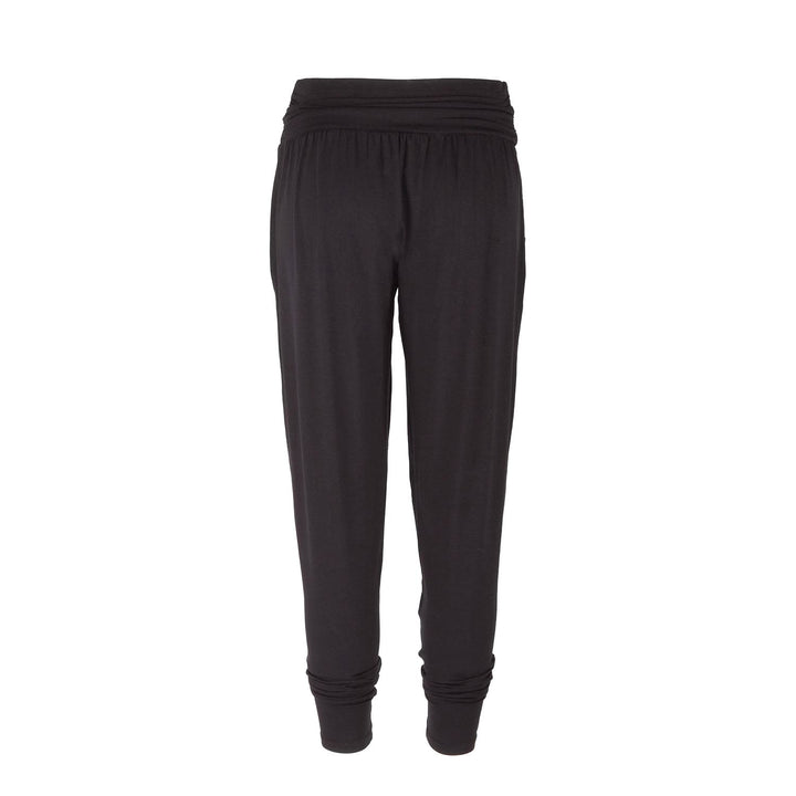 pantalone yoga 'loose fit' comodo, con tasche, stretto in fondo ma comodo sui fianchi in morbida viscosa adatto anche per tempo libero, nero, back