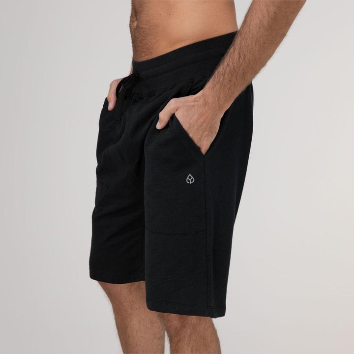 calzoncini da uomo in jersey di cotone bio, lunghezza ginocchio, con tasche comodi e durevoli, in nero