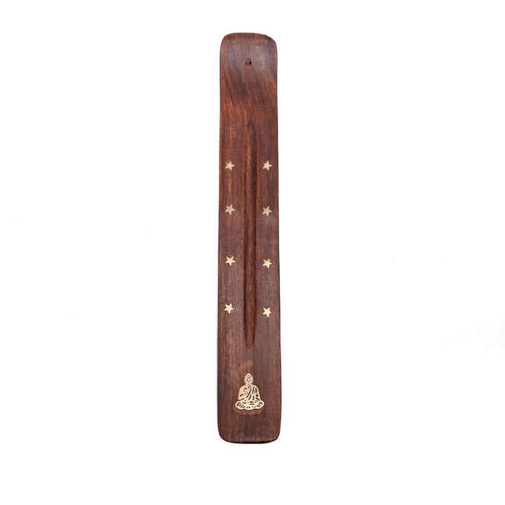 Portaincenso in legno con inserti metallo dorato, qui  Buddha