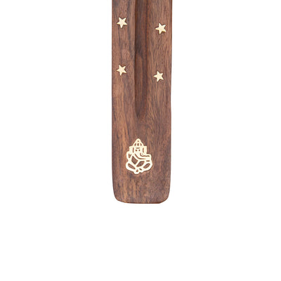 Portaincenso in legno con inserti metallo dorato, con dettaglio 'Ganesh' 