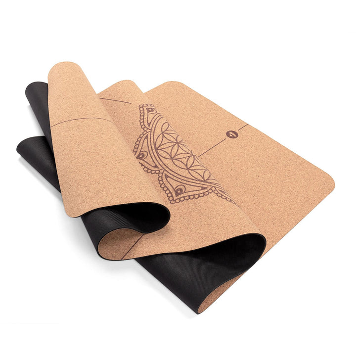 Tappetino yoga in sughero e gomma Phoenix 185x65 con disegno Fiore della Vita flessibile